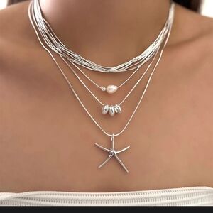 Silver Starfish Multi-Layer Necklace Set